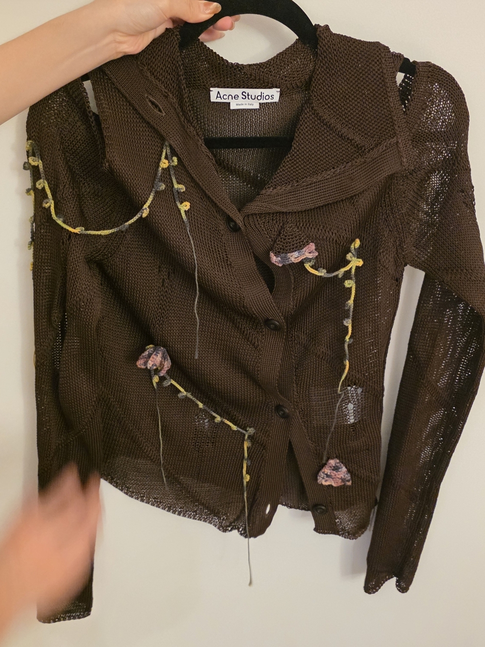 Acne Studios Cold-Shoulder Distressed Open-Knit Cardigan with Floral Accents